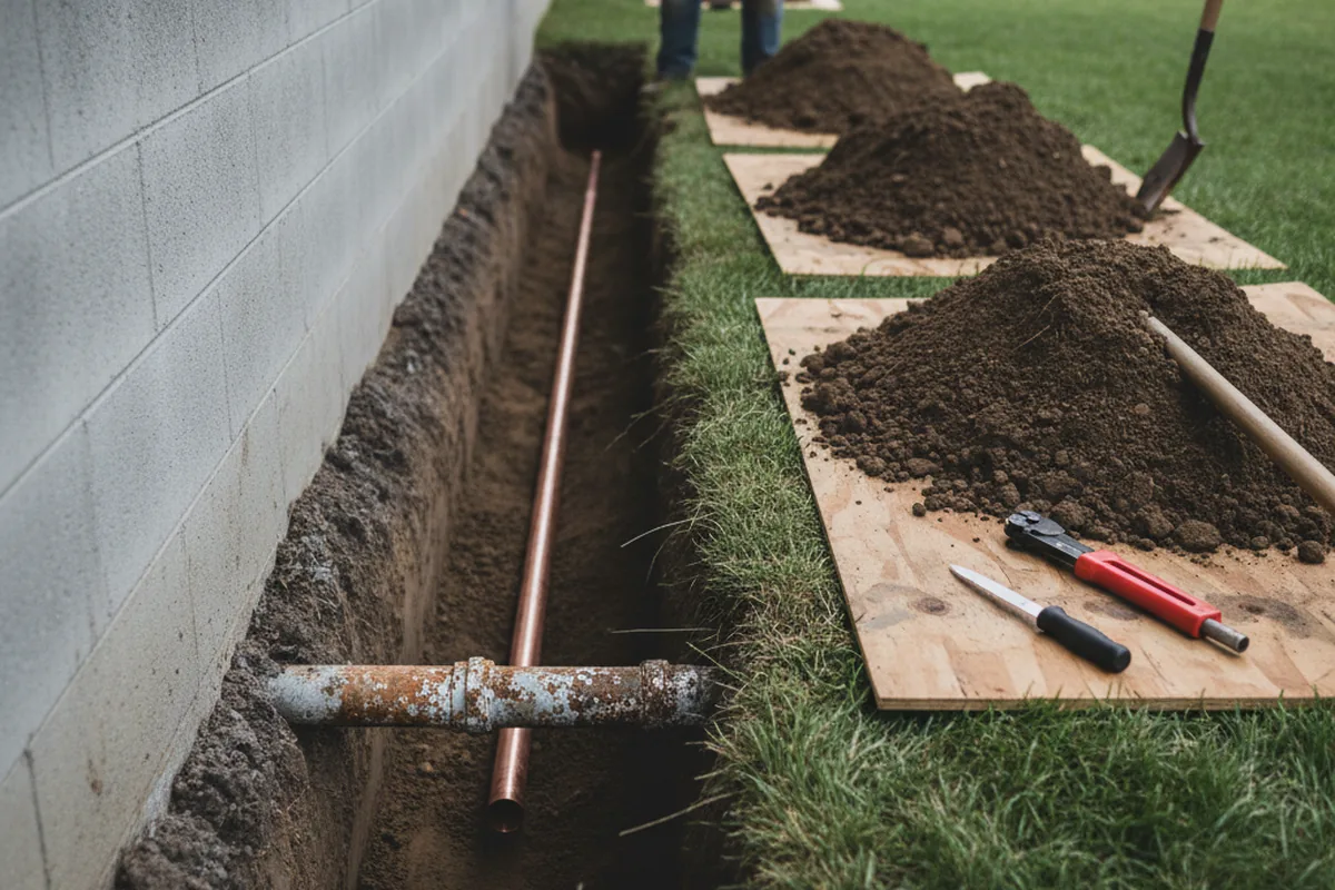 Excavated water line trench during Water Softener Installation in Cushing